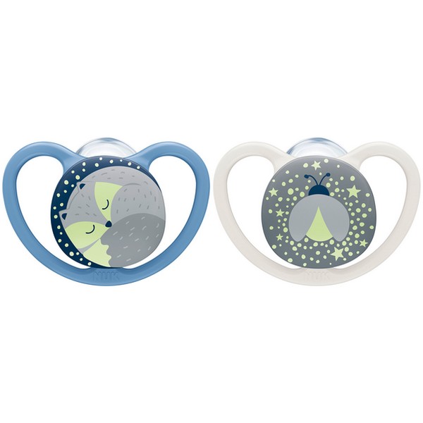 Продукт NUK Space Night - биберон залъгалка силикон 6-18мес. 2бр. светеща + кутийка за съхранение и стерилизация в микровълнова - 0 - BG Hlapeta